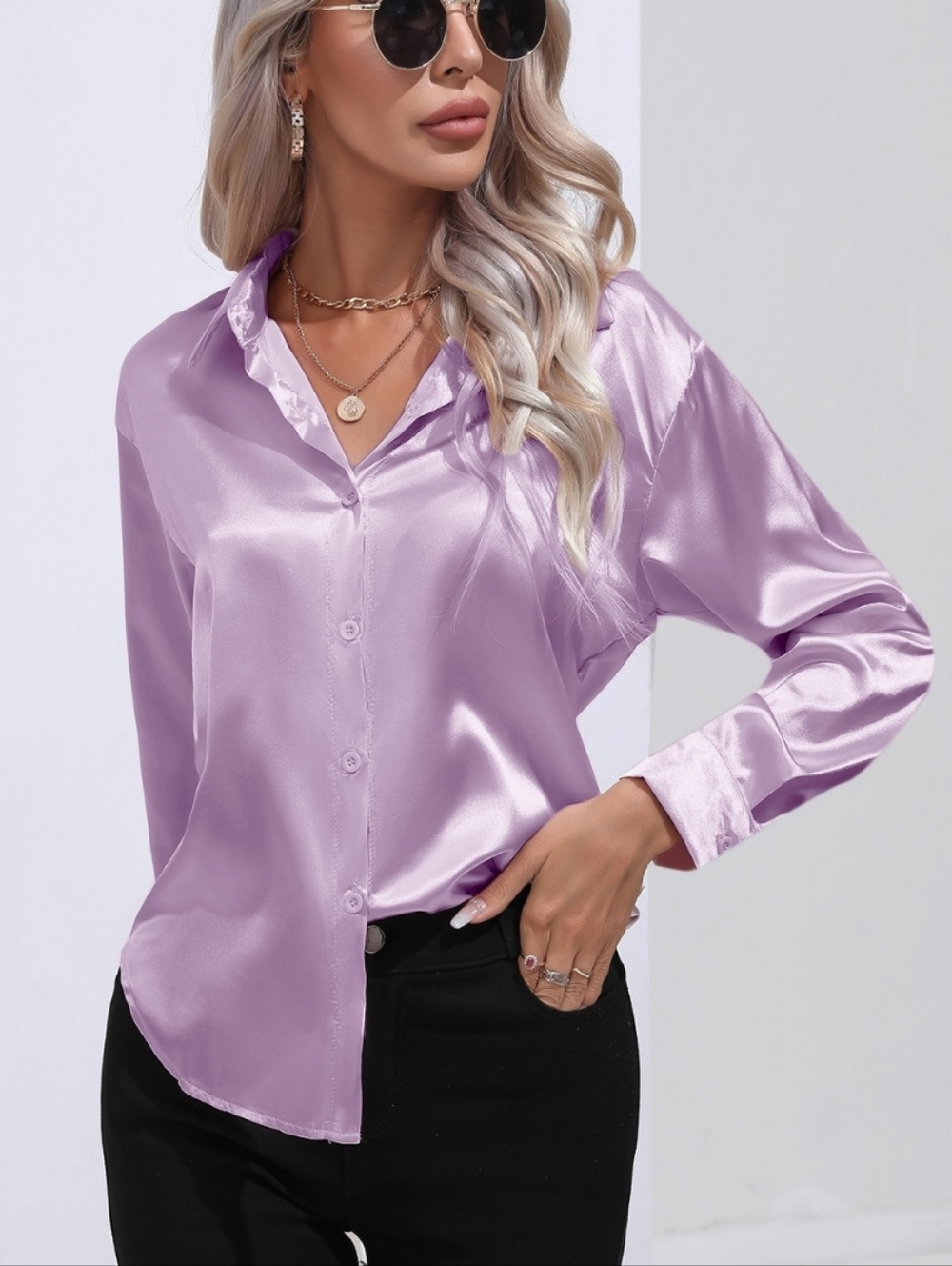 Satin Sensation Buttoned Blouse - Lilac
